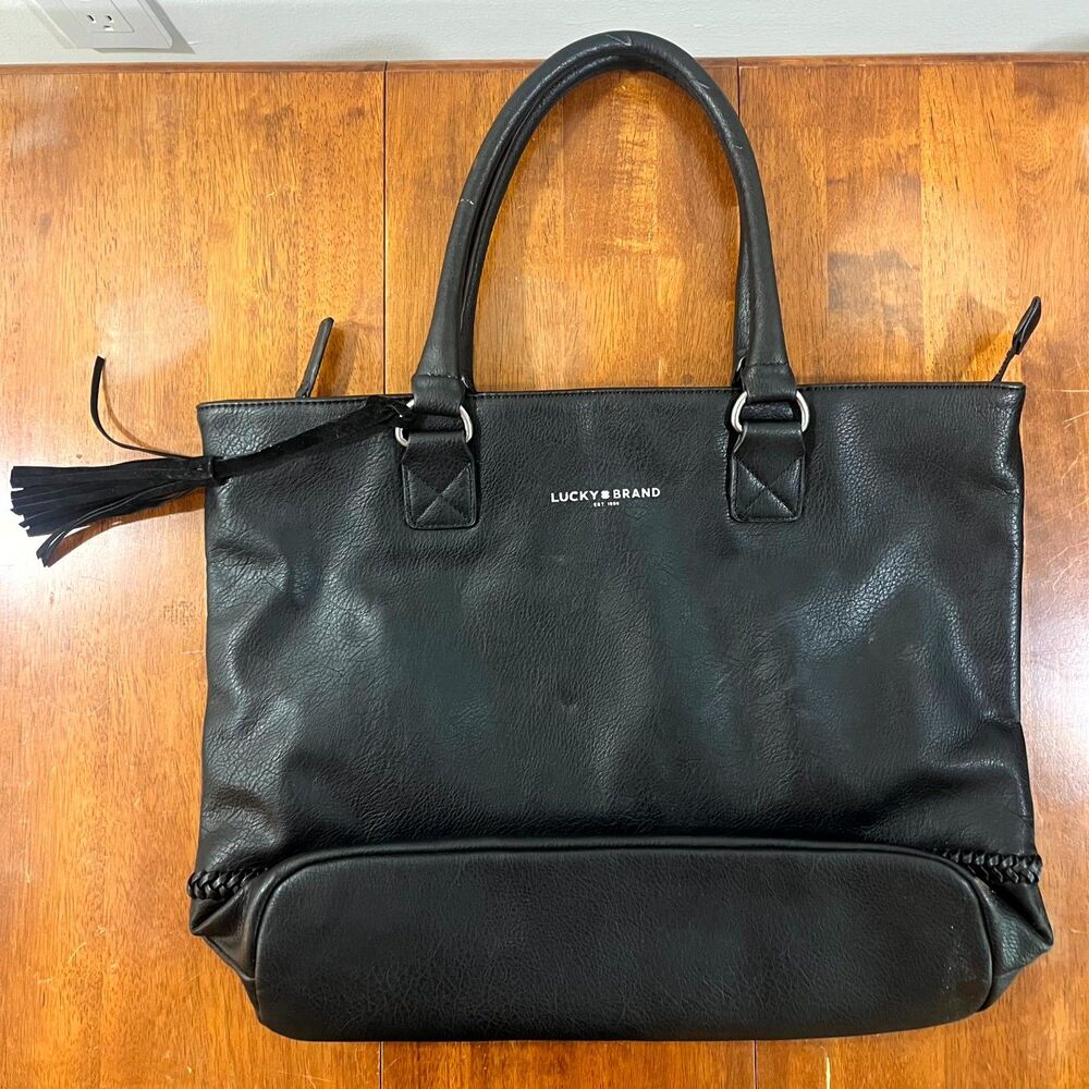 Lucky Brand Black Pebbled Vegan Leather Tote Bag Large Tassel Braided Trim Zip